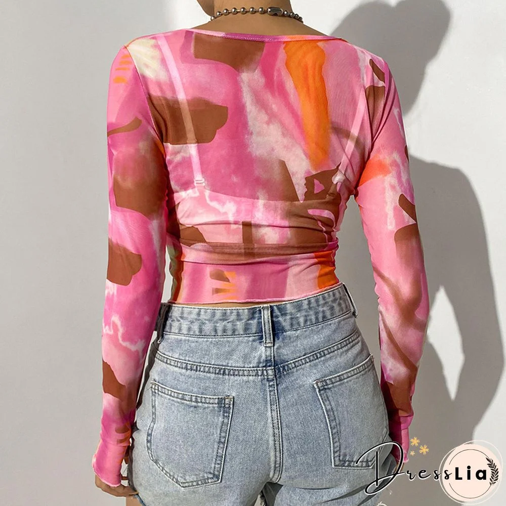 Autumn Print Mesh Top O Neck Long Sleeve Basic T Shirt Harajuku Vintage Retro Punk Style Clothes Aesthetic Streetwear Y2K