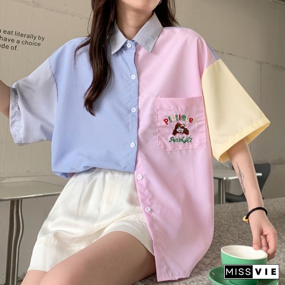 Vintage Colorblock Embroidery Pocket T-Shirt