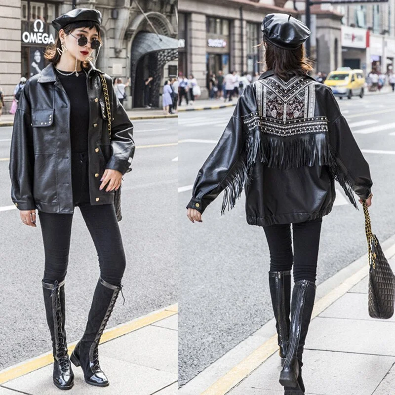 Spring Autumn Women Black PU Faux Leather Jackets Fashion Tassel Rivet Embroidery Biker Coats Female Casual Loose Outwear Tops