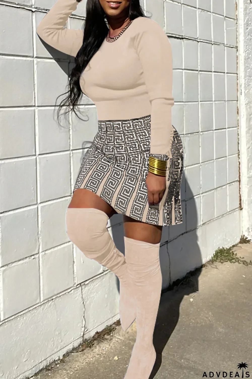 Pink Fashion Print Patchwork O Neck Long Sleeve Two Pieces