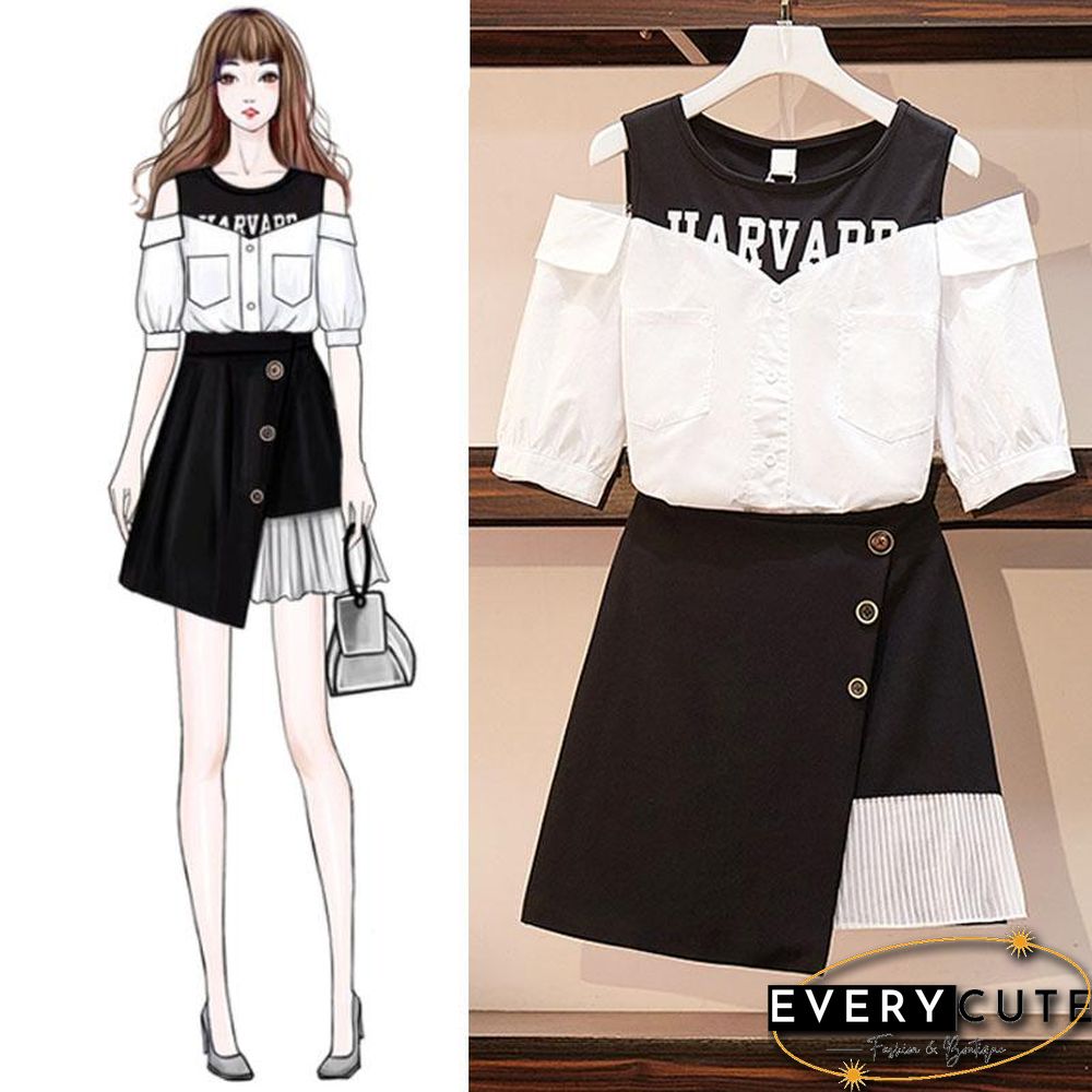 Patchwork Tee-Single Breasted Skirt P13875