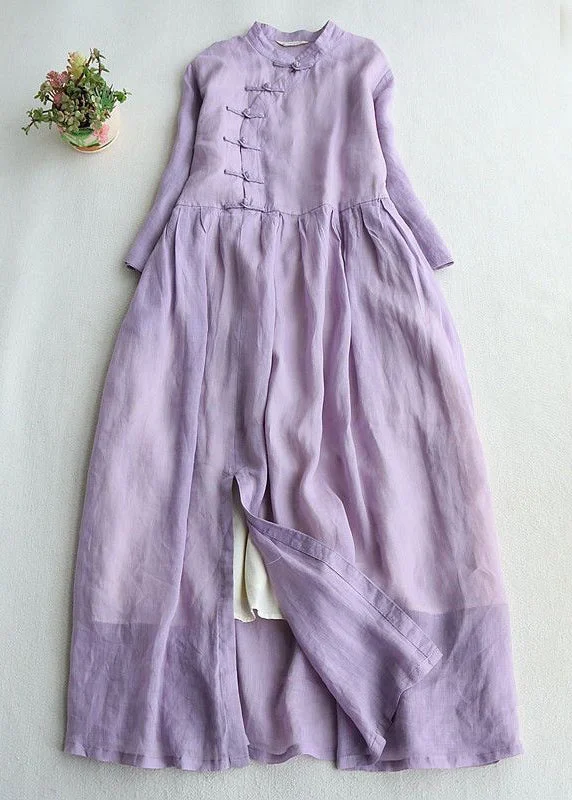 New Purple Button Side Open Cotton Long Dresses Bracelet Sleeve