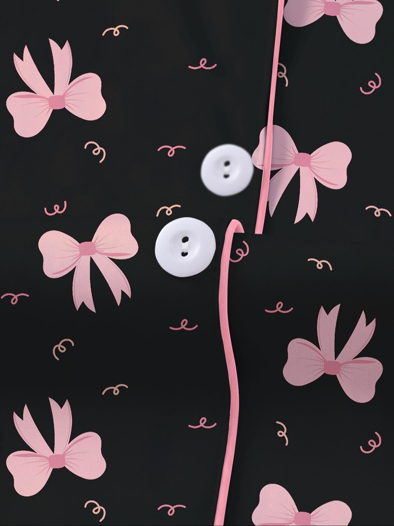 Women's Valentine's Day Sleepwear Set, Bow Print Pajamas, Short Sleeve Button-Up Top & Elastic Shorts, Casual Home Wear Loungewear