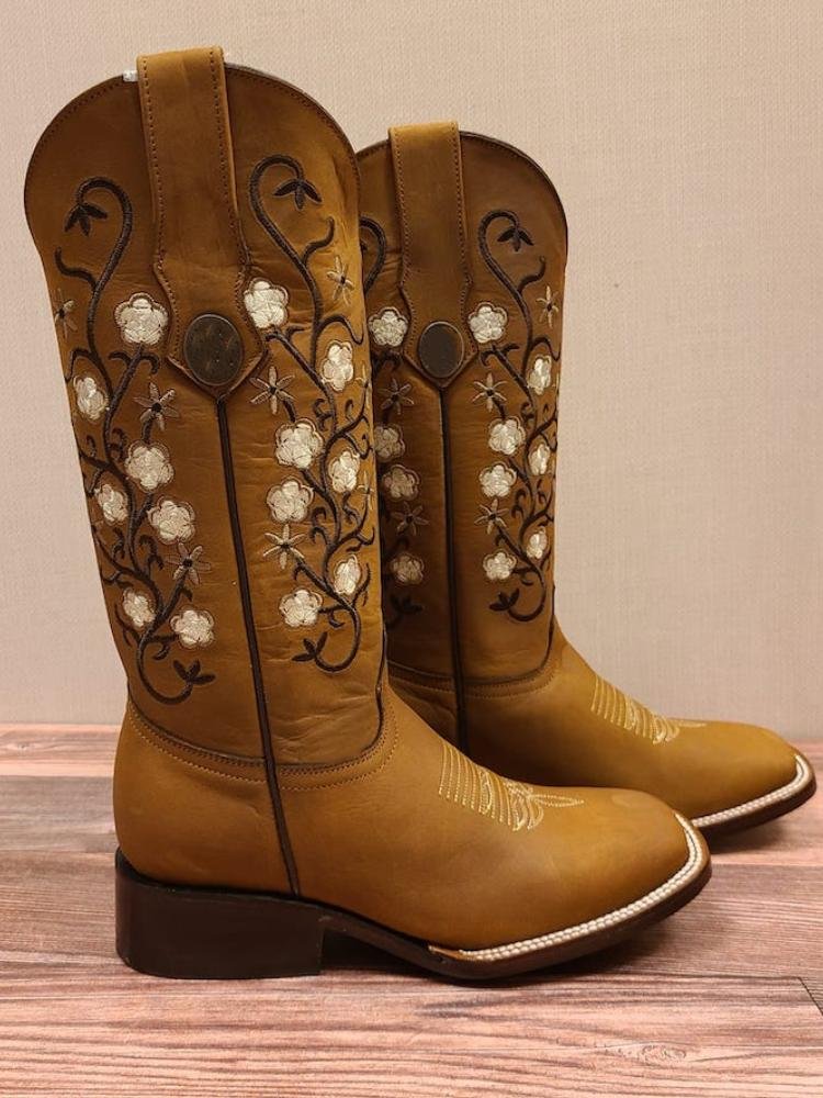 Women Mid Calf Cowboy Boots Floral Embroidered Square Toe Chunky Heel Western Boots