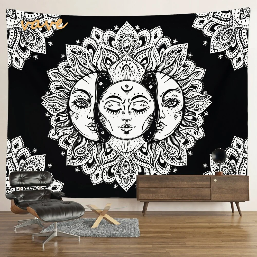 Nigikala Mandala Tapestry Sun And Moon White Black Cloth Fabric Large Tapestry Wall Hanging Boho Hippie Aesthetic Dorm Room Decor