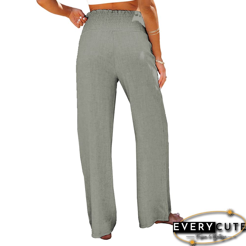 Greyish Green Elastic Waist Wide Leg Casual Pants