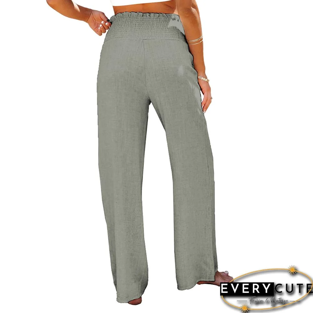 Greyish Green Elastic Waist Wide Leg Casual Pants