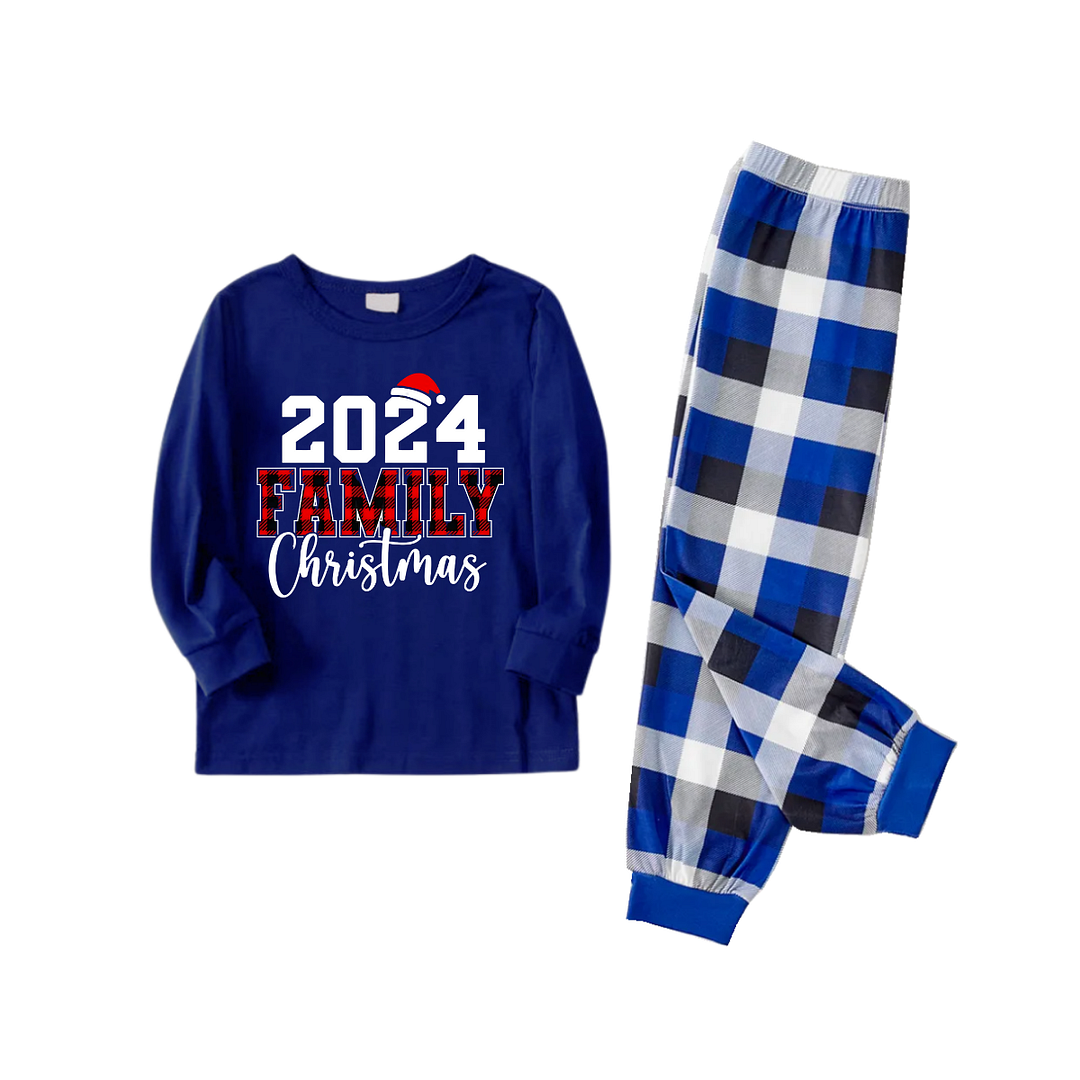 "2024 Family Christmas" Text Printed  Blue and White Plaid Family Matching Pajamas