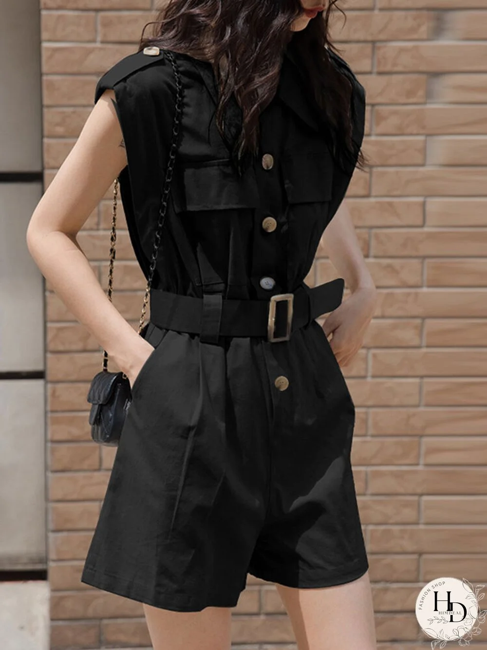 Solid Belt Pocket Button Lapel Short Sleeve Cargo Romper