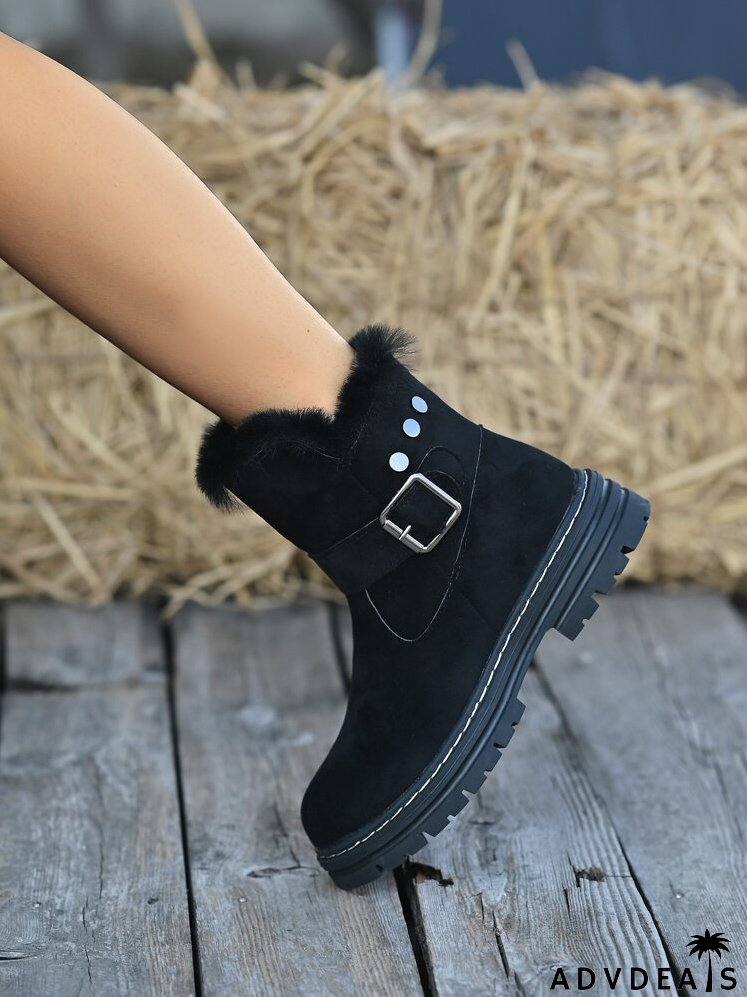 Buckle Decor Faux Suede Zip Side Snow Boots