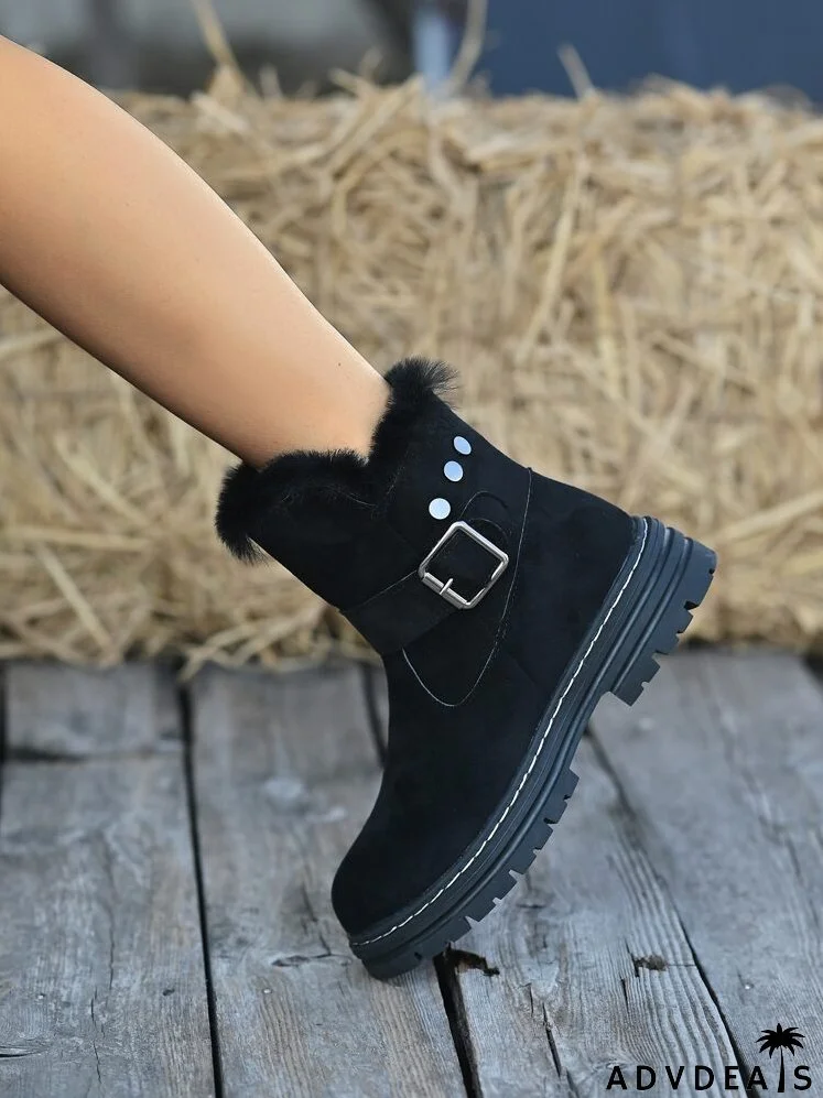 Buckle Decor Faux Suede Zip Side Snow Boots