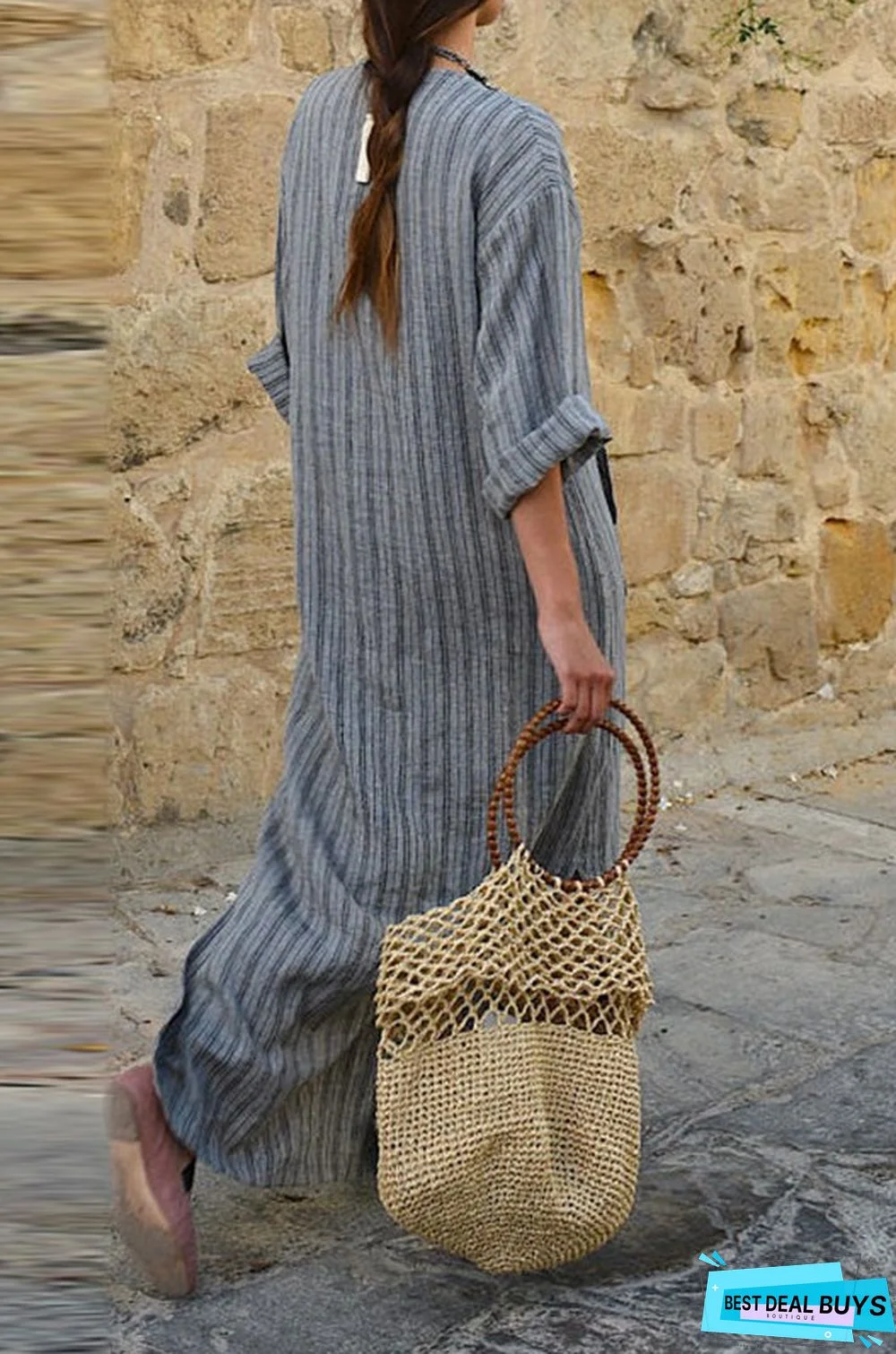 Cotton Pocket Yarn-Dyed Loose Long Dress