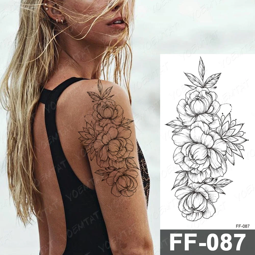 Waterproof Temporary Tattoo Stickers Peony Rose Flower Gun Flash Tattoos Female Black Sketch Body Art Arm Sexy Fake Tatto Male
