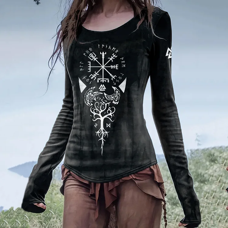 Wearshes Retro Viking Ethnic Graphics Long-Sleeved T-Shirt