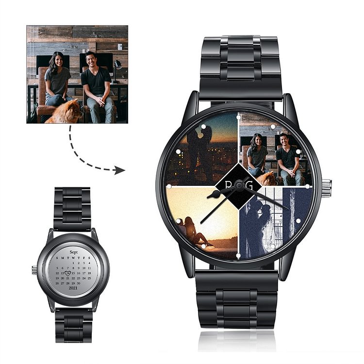 Reloj Personalizado 4 Fotos con Grabado de 2 Letras y Calendario en Acero Inoxidable