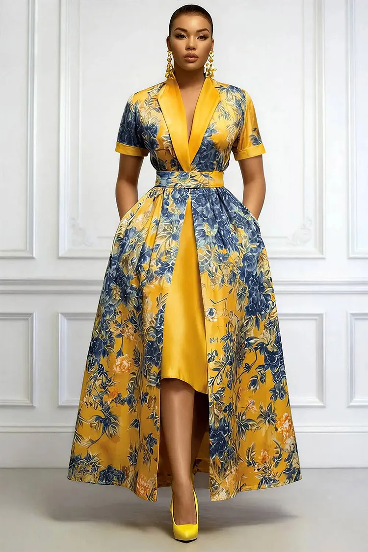 Xpluswear Design Plus Size Formal Yellow All Over Print Turndown Collar Short Sleeve Pocket With&nbsp;Skirt&nbsp;Overlay Satin Midi Dresses 2024 - Xpluswear