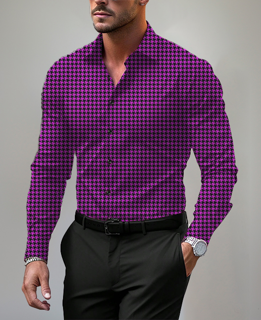 Turndown Collar Single-breasted Houndstooth Print Long Sleeve Shirt