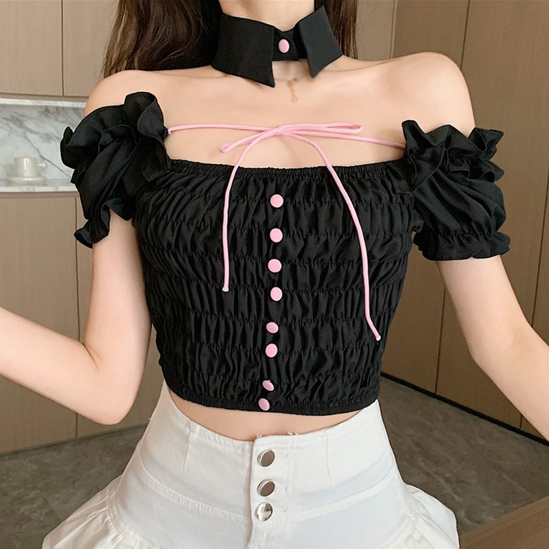 Women's Pleated Button Bubble Sleeve Short Shirt Summer Wooden Ear Tie With Bow Tie Short Sleeve Blouse