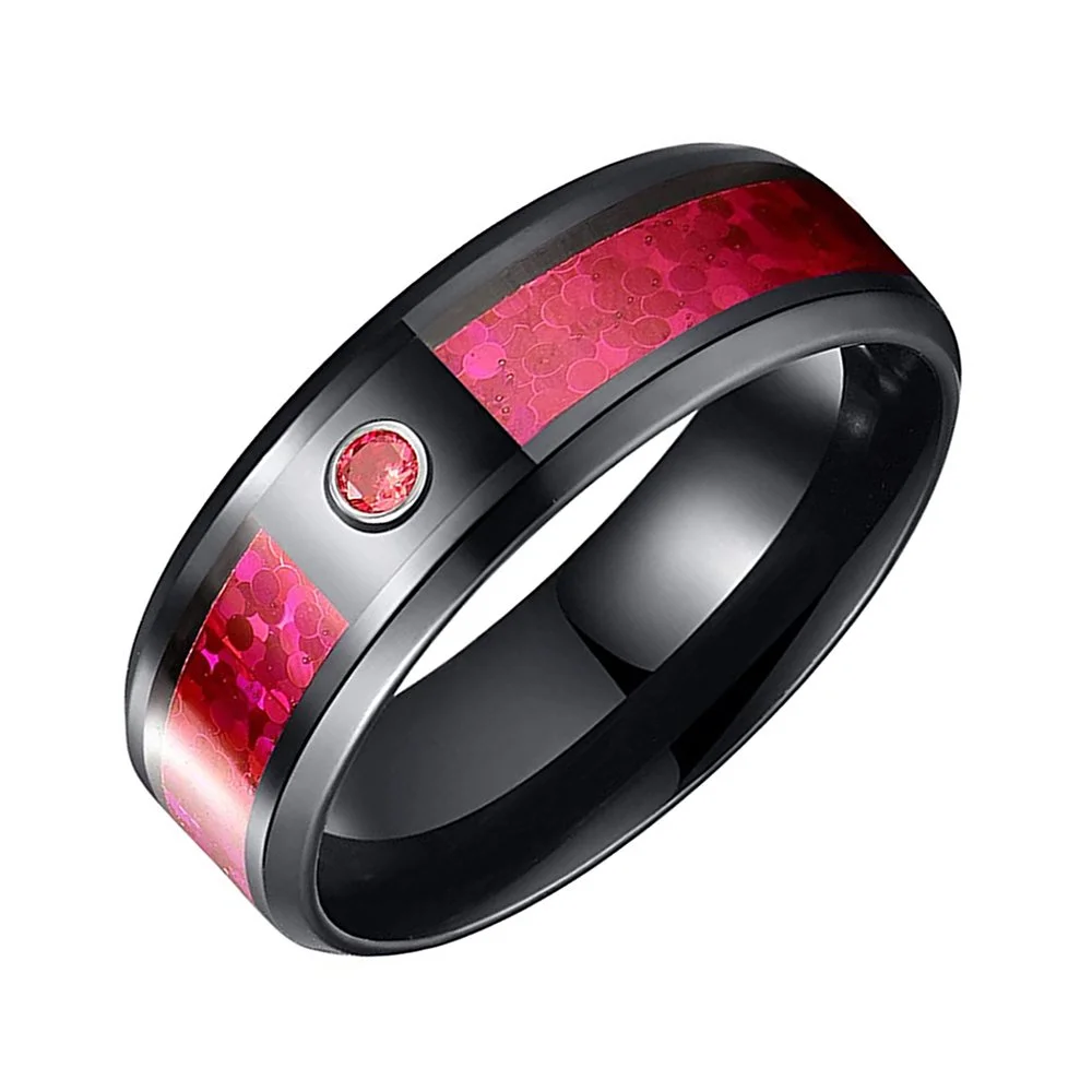 6MM 8MM Blue Purple Red Created Opal and Cubic Zirconia Inlay Black Tungsten Carbide Men's Wedding Bands