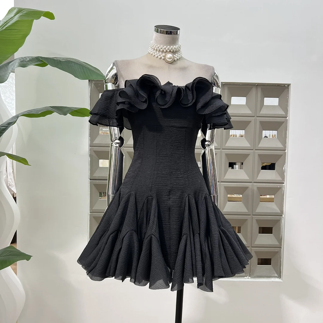 Brownm Gentle Lotus Leaf Petal Word Collar Solid Fairy Short Dress Waist Niche Hip Party Elegant Temperament