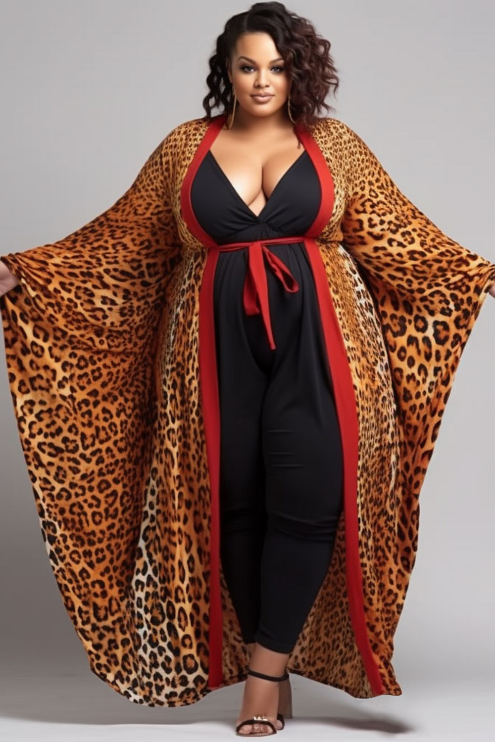 Design Plus Size Beach Brown Leopard Cardigans Long Sleeve Kimono Cover Ups [Pre-Order]