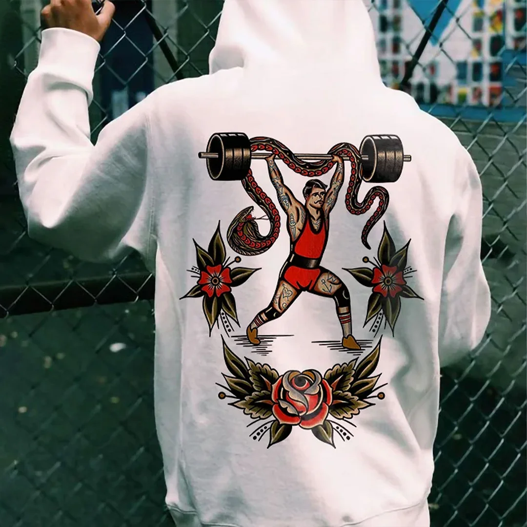 Weightlifter and Snake Flowers Retro Casual Graphic White Print Hoodie