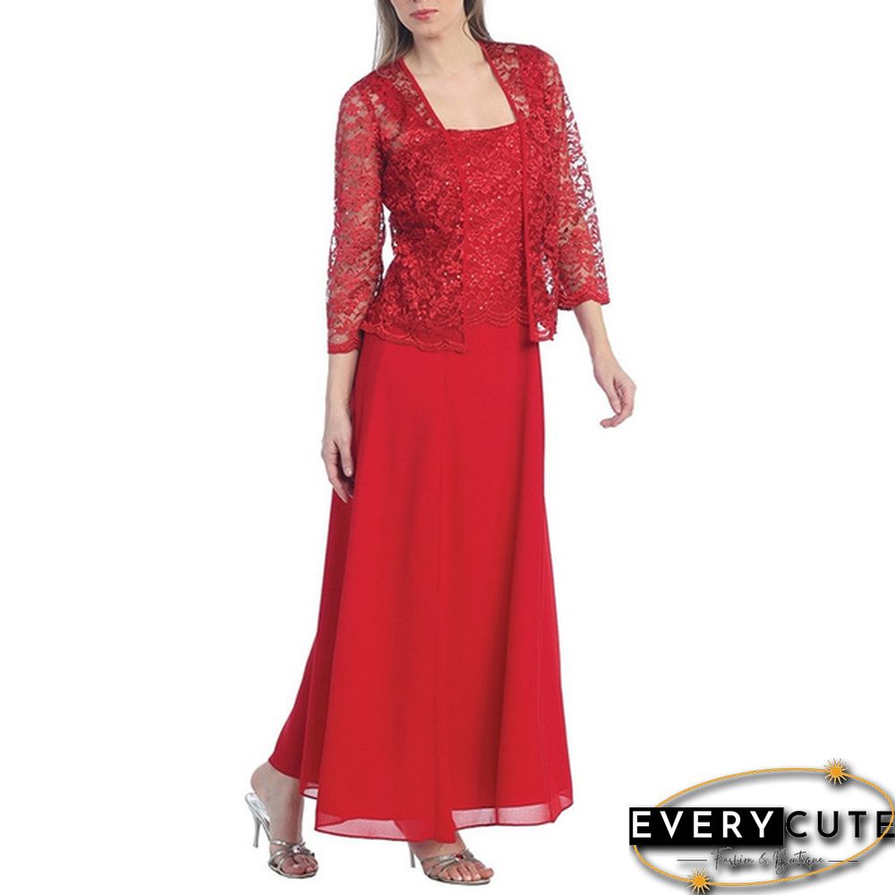 New Women lace cardigan and chiffon maxi skirt Two-piece Ladies Fashion Long Chiffon Dress Mother of Groom Dress with Lace Long Sleeve