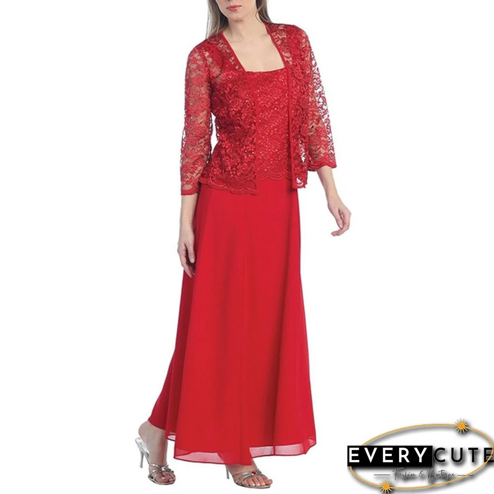 New Women lace cardigan and chiffon maxi skirt Two-piece Ladies Fashion Long Chiffon Dress Mother of Groom Dress with Lace Long Sleeve