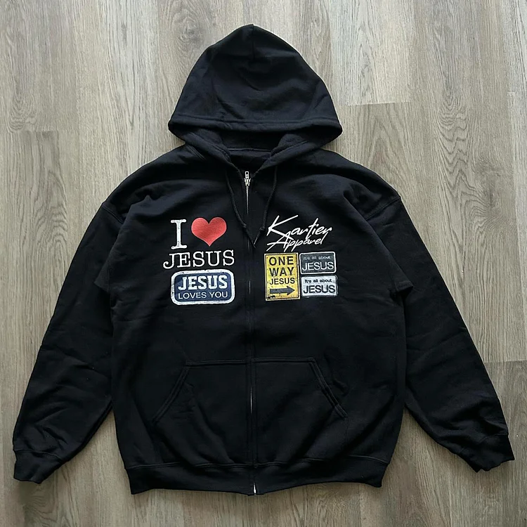 I Love Jesus Graphic Loose Velvet Pocket Zip Hoodie