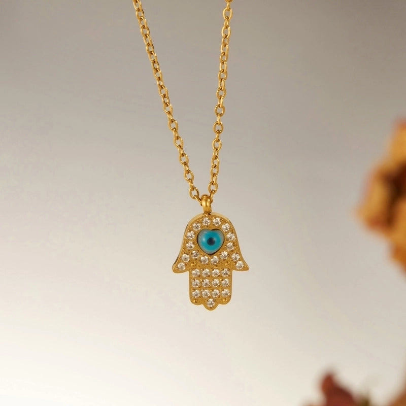 Minimalist Commute Devil's Eye Palm 304 Stainless Steel Rhinestones Inlay Pendant Necklace