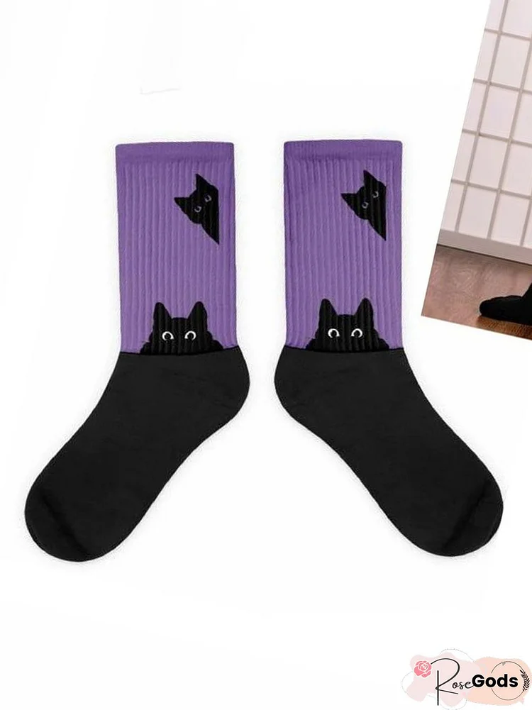 Black Cat Head Color Matching Casual Socks