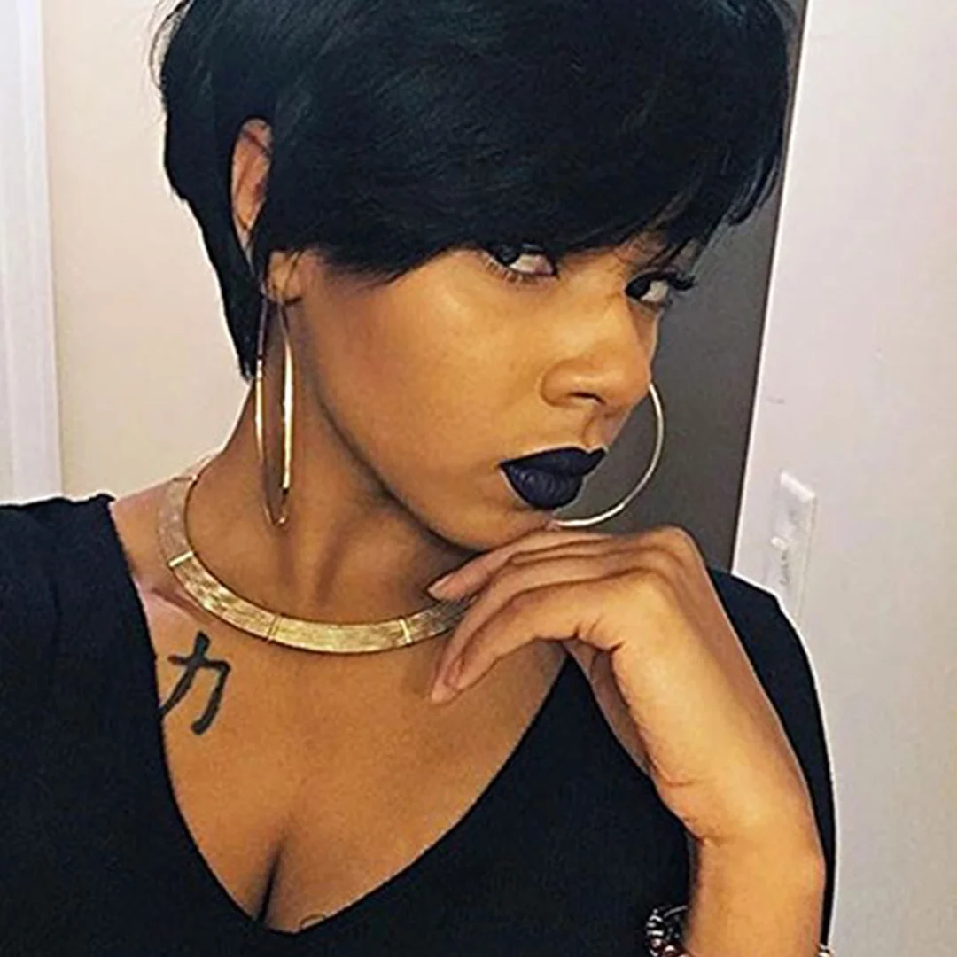 Wig New Women's Black Chemical Fiber Headgear with Oblique Bangs and Short Straight Hair