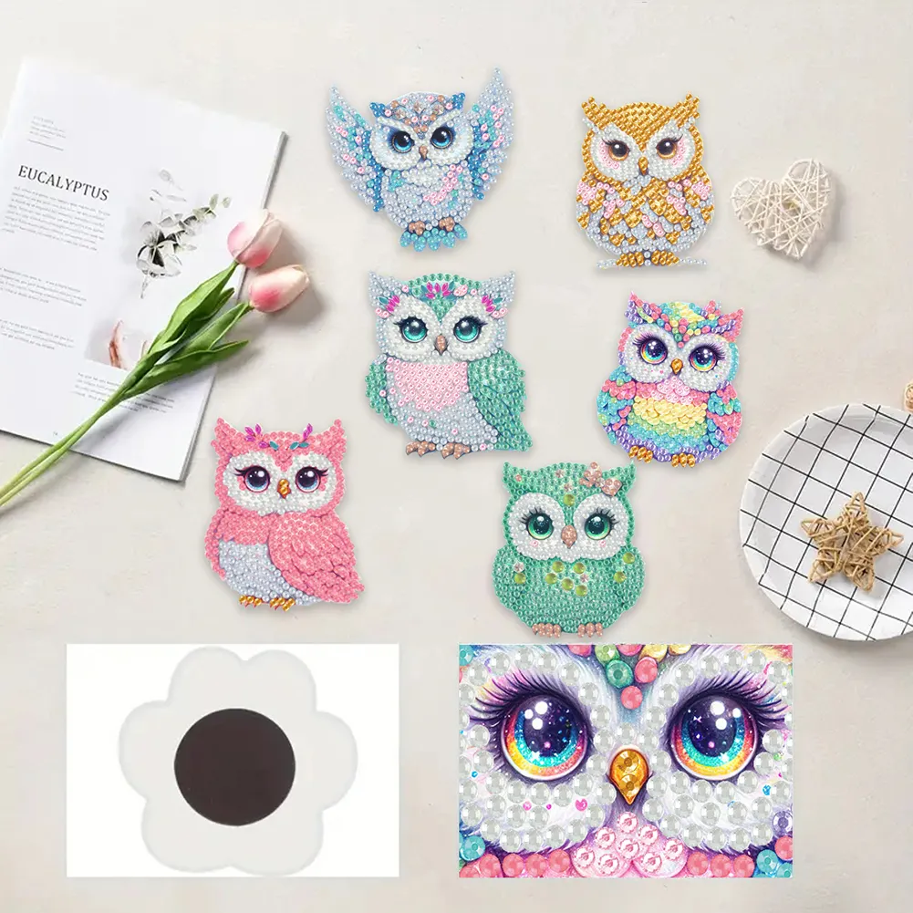 6Pcs Acrylic Owl DIY Diamond Painting Fridge Stickers for Home Kitchen