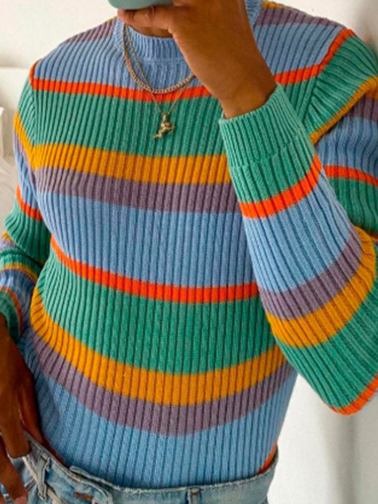 Rainbow Stripe Colorblock Casual Sweater Men's Slim-Fit Sweater