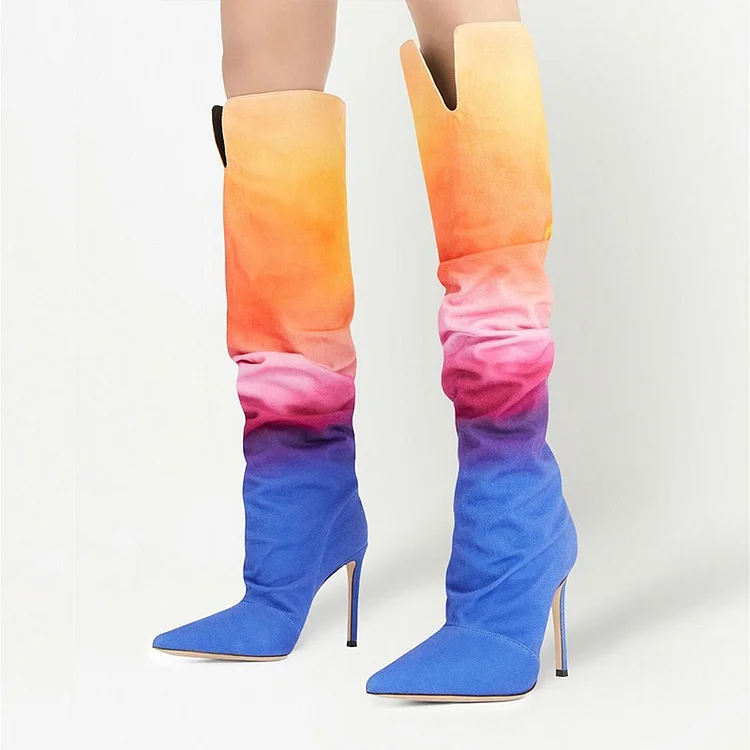 Multicolor Gradient Knee Boots Classic Pointed Toe Stiletto Heels Vintage Boots Vdcoo