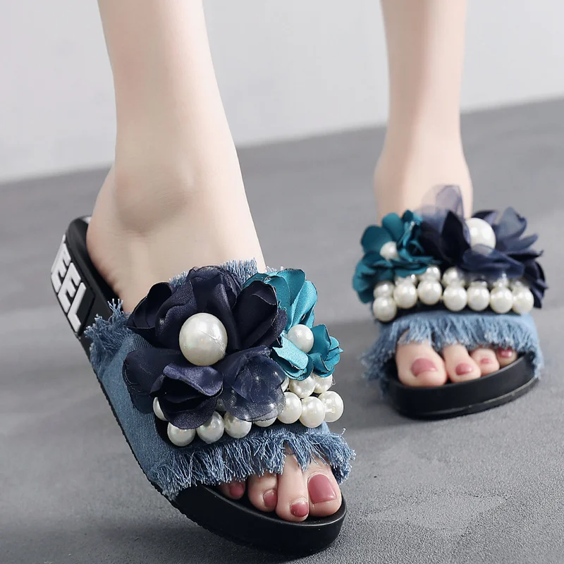 Women's Pearl Flower Platform Open Toe Slippers - vzzhome