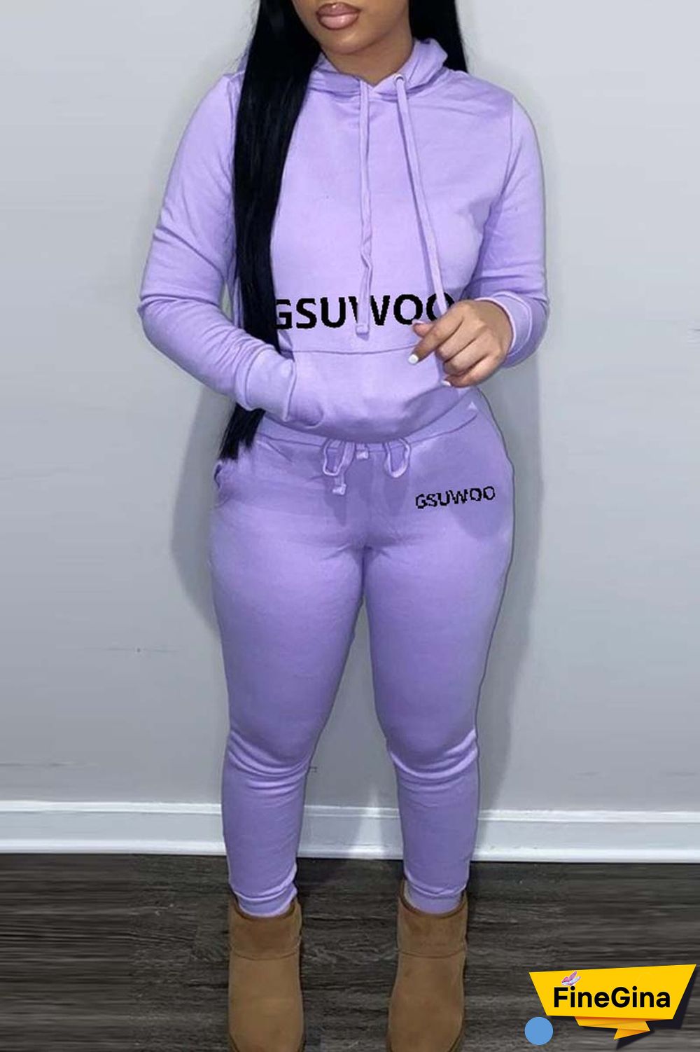 Khaki Casual Letter Print Basic Hooded Collar Long Sleeve Two Pieces