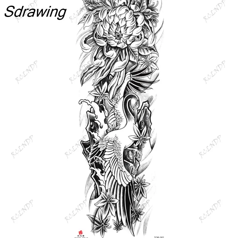 Sdrawing Temporary Tattoo Sticker TQB Series Full Arm Flower Red-crowned Crane Wolf Fake Tatto Flash Tatoo for Men Women