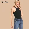 SHEIN Black Rib Knit Lettering Halter Neck Slim Fit Tank Tops Women Vest 2019 Summer Fashion Female New Active Wear Top Vests