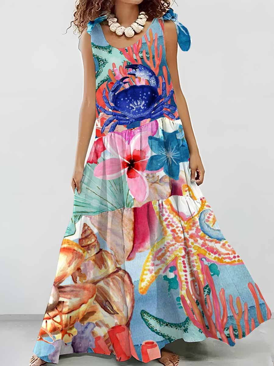 Women's Resort Style Underwater World Art Pattern Shoulder Strap Dress