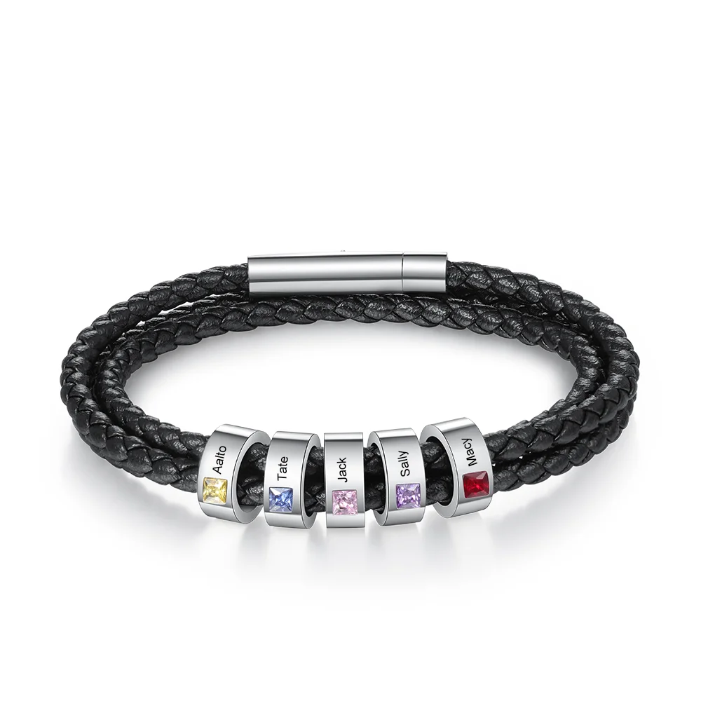 Personalisierte Herren Leder Armband 5 Perlen mit Geburtssteinen Kettenmachen