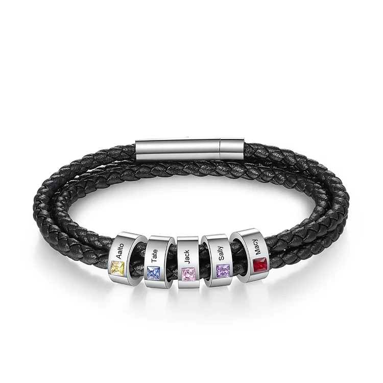 Personalisierte Herren Leder Armband 5 Perlen mit Geburtssteinen
