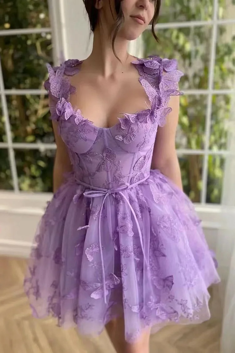 Cocktail Purple Tulle 3D Lace Butterfly Square Neck Slit Mini Dress