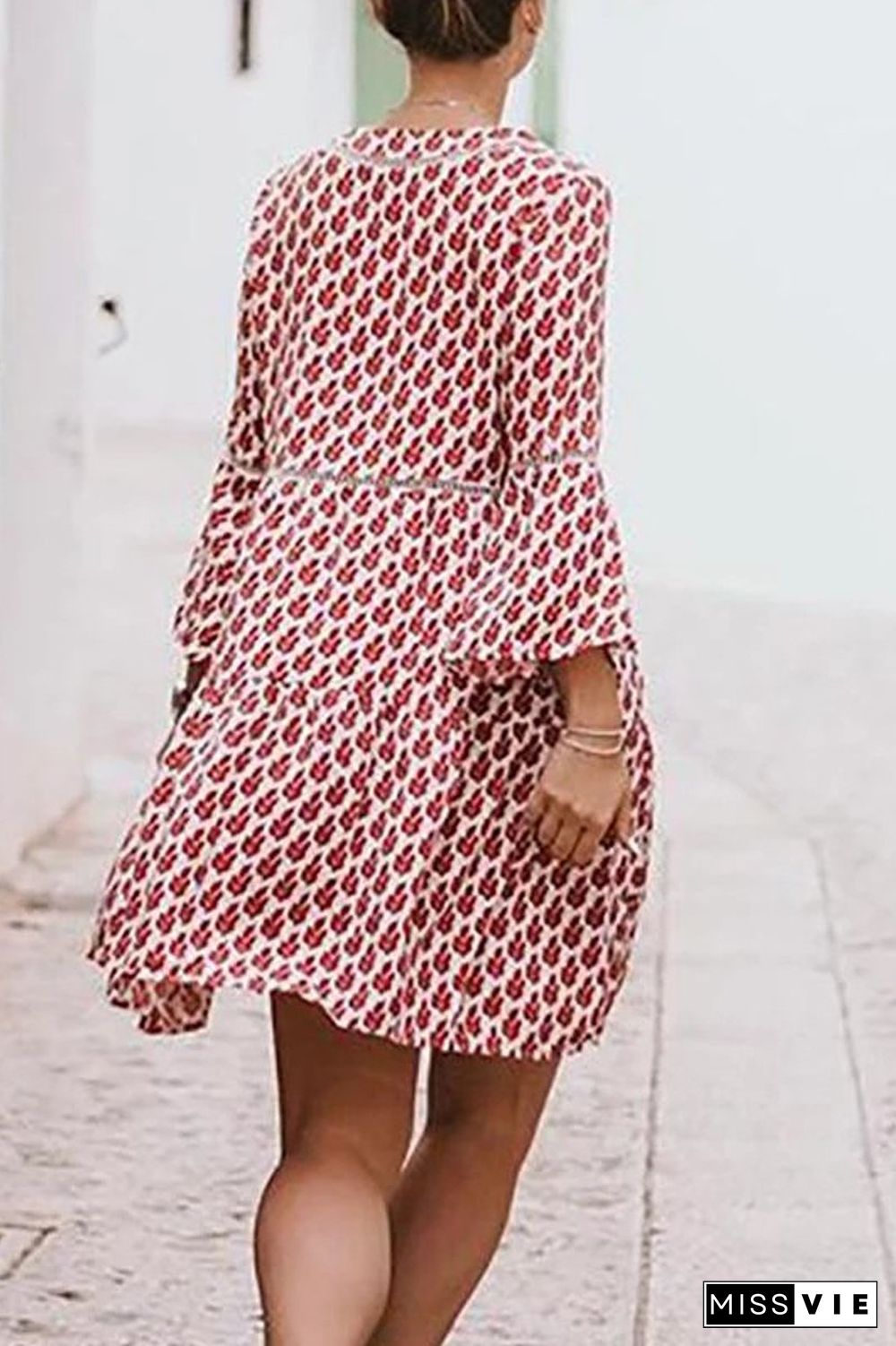 V-Neck Flare Three Quarter Sleeve Dress
