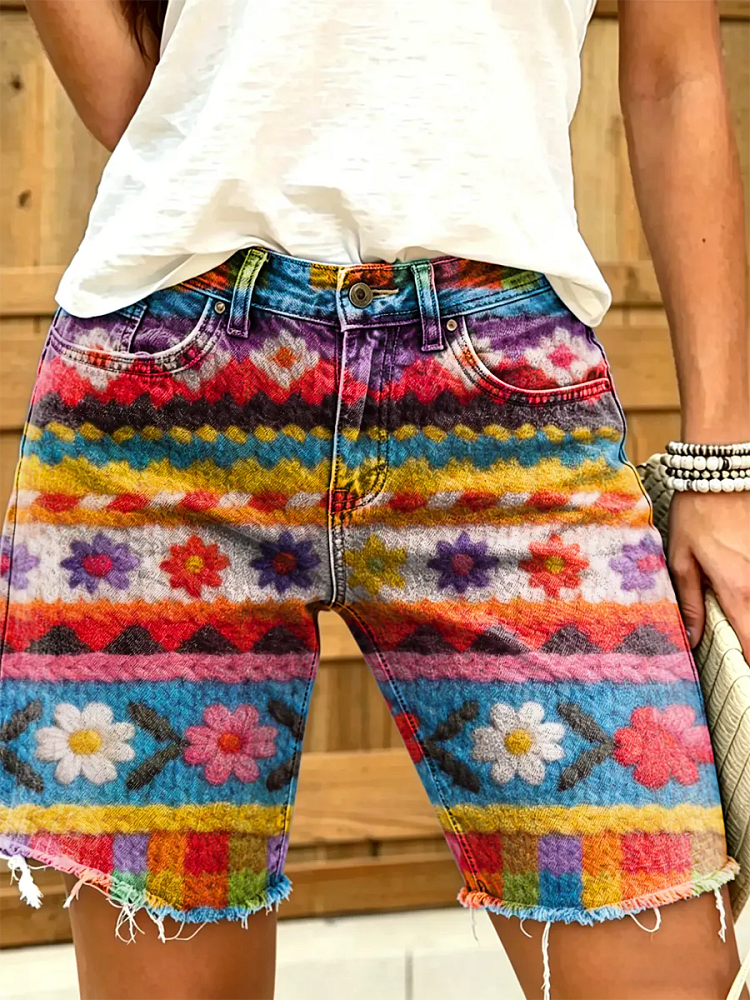 Women's Retro-Style Colorful Textured Floral Art Print Frayed-Hem Denim Bermuda Shorts
