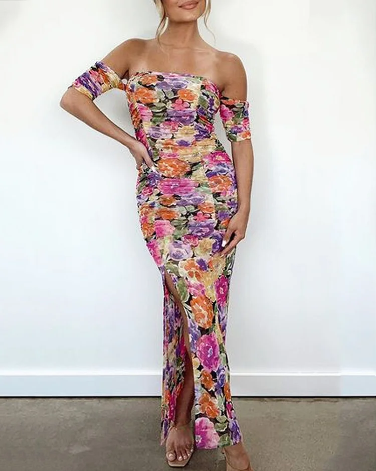 Elegant Off-Shoulder Slit Print Dress