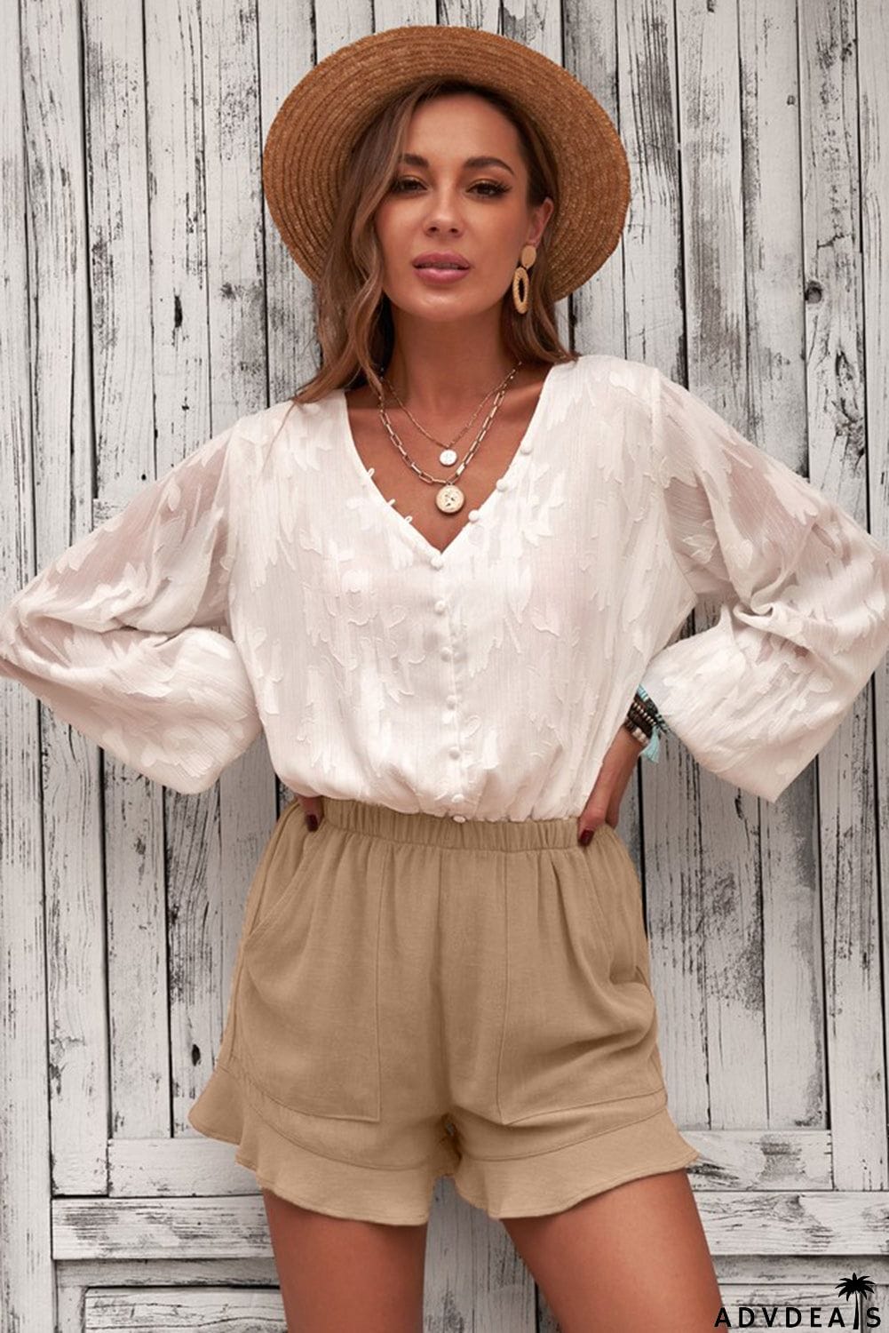 Women's Casual Pocketed Flutter Khaki Linen Cotton Shorts