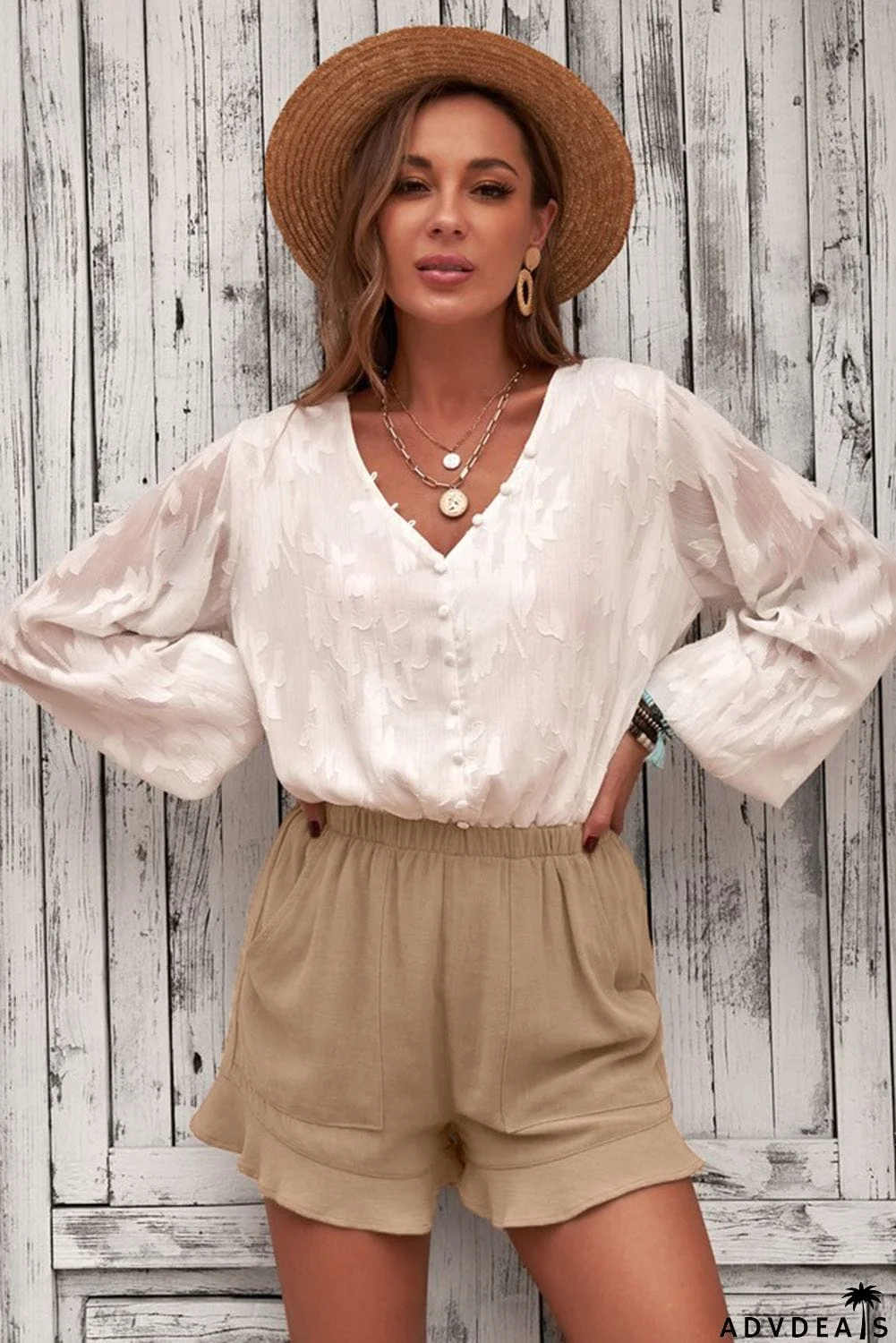 Women's Casual Pocketed Flutter Khaki Linen Cotton Shorts