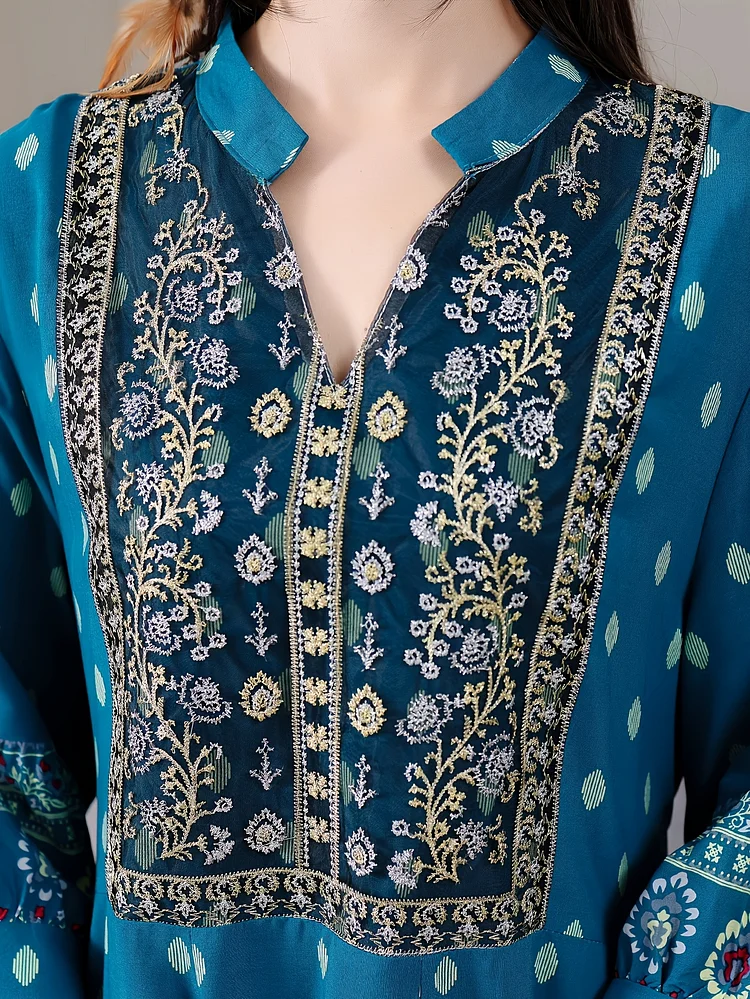 Bohemian Middle Eastern-Inspired Maxi Dress With All-Over Floral Print & Embroidery - 3/4 Sleeve Elastic Waist Floor-Length Beach Vacation Dress For Women, Casual Travel & Resort Wear, Bohemian Dress, Cultural Attire, Intricate Design