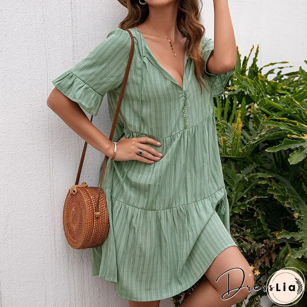 Summer Womens Short Sleeve Dress-Fashion Casual V-Neck Solid Tassel Butterfly Loose Mini